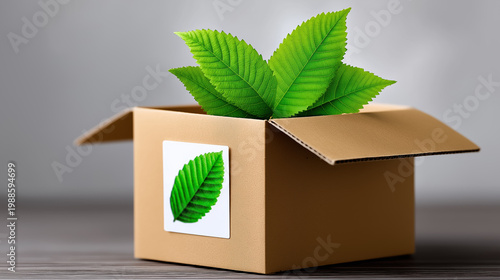 Cardboard box with fresh green leaves and eco label symbolizing sustainable packaging environmentally friendly products and green business concept