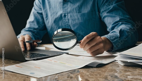A person in a blue shirt examining documents with a magnifying glass while working on a laptop at a desk