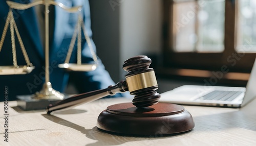 Gavel and scales of justice on a wooden table in a law office with a lawyer in the background