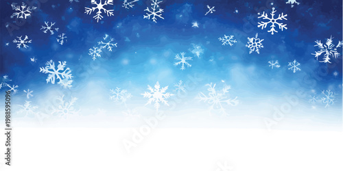 Abstract watercolor winter background with falling white snowflakes against a gradient of deep blue to light blue with soft bokeh effects providing a magical and festive seasonal atmosphere