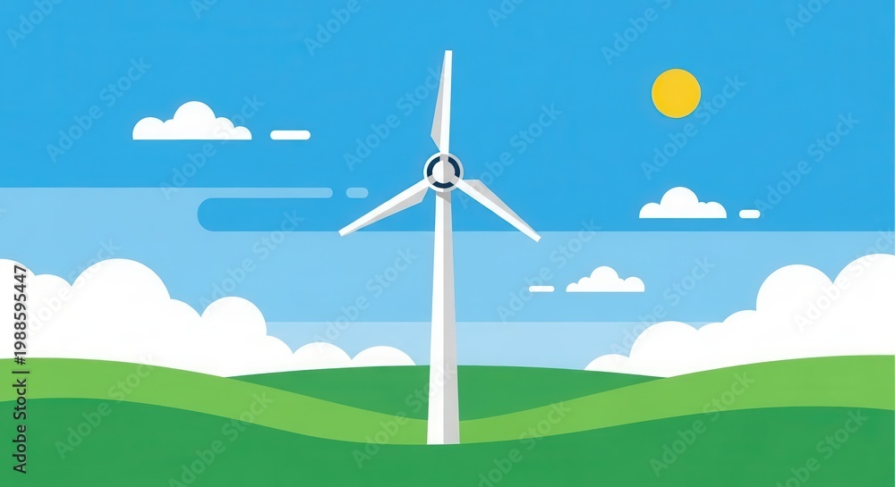 Obraz premium Wind turbine generates clean energy against a backdrop of blue skies and green fields.