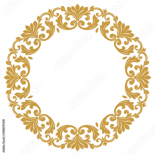 Golden floral patterns symbolize luxury in a circular ornate frame.