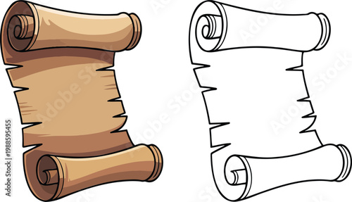 Antique parchment scroll illustration & outline set isolated on transparent background