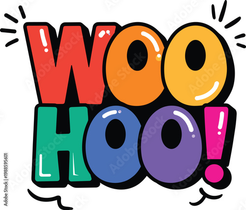 Colorful cartoon text saying Woo Hoo with exclamation marks