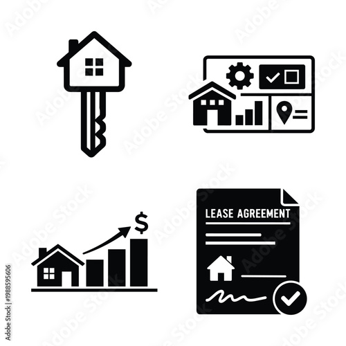Property management and lease agreement icons for business operations and workflow property management process