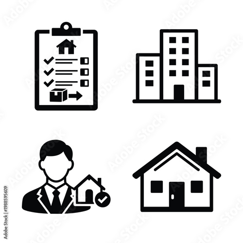 Real estate property management icons for business operations and workflow property administration and real estate services