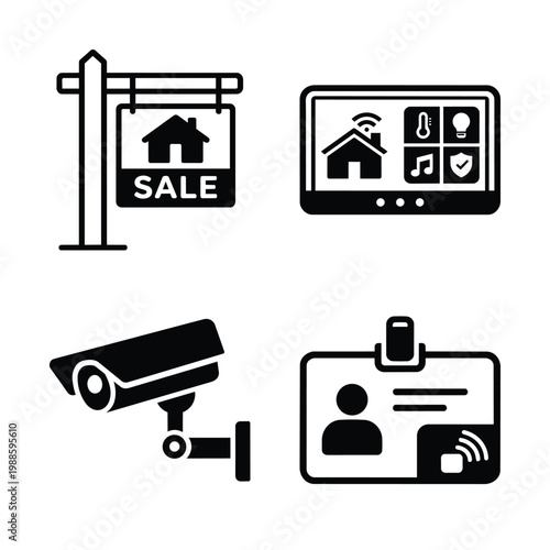Real estate security and smart home icons for business operations and workflow real estate access control