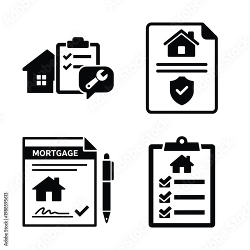 Mortgage and property document icons for business operations and workflow mortgage approval and property compliance