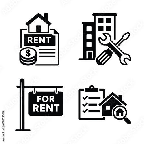 Rental property management icons for business operations and workflow rental property services and maintenance