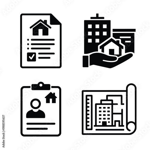 Real estate document and property management icons for business operations and workflow real estate process