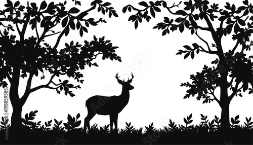 Silhouette of a deer standing in a forest clearing surrounded by trees and foliage simple nature scene suitable for wildlife and woodland themes