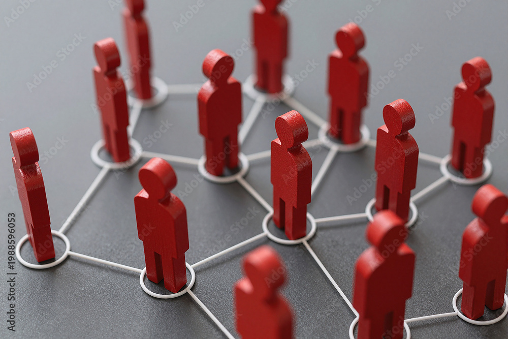 Obraz premium A group of business people connected and linked to each other. The more important a person is, the more links they have, and the closer they are to the center.