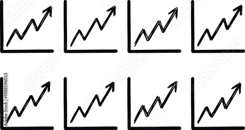 Eight Hand- Drawn Upward Trending Line Graph Icons on White Background chart