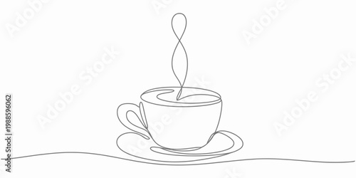 Single line drawing of a steaming coffee cup and saucer