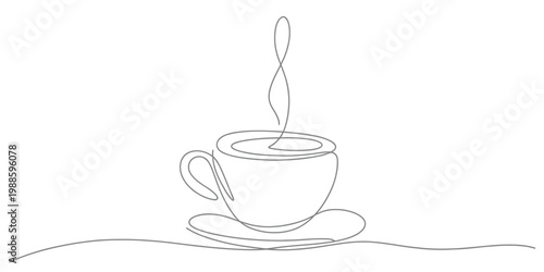 Minimalist line drawing of a steaming coffee cup on saucer