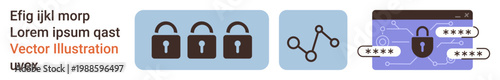 Cybersecurity, data protection, online privacy, password management, digital safety, encryption system. Three padlocks, network connection lines and password entry interface. Cybersecurity and data