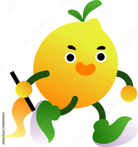 Energetic minimalist cartoon character with orange nose black eyes green curved limbs holding a black stick.