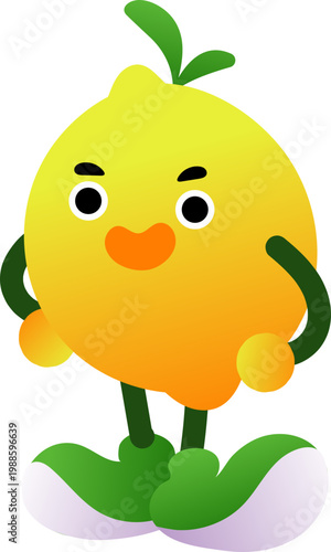 Grumpy minimalist white cartoon character with green limbs black eyes and orange nose.