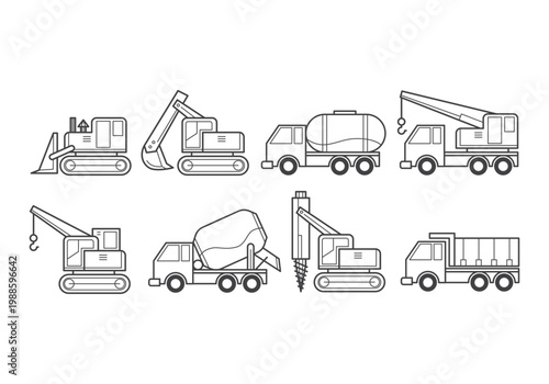 Construction vehicles line eight heavy machines excavators cranes cement mixers