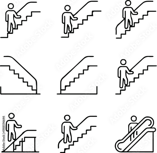 stairs pictogram collection black line icons showing stair action