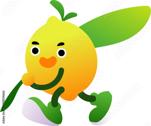 Playful Minimalist Cartoon Character with Black Eyes Orange Beak and Green Curved Body Elements.