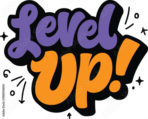 Colorful Level Up motivational text with decorative elements on transparent background