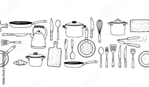Kitchenware seamless border hand drawn sketch utensils cooking tools black and white vector illustration