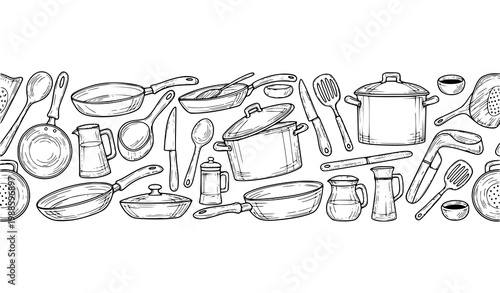Creative kitchenware seamless border sketch cooking utensils black and white vector illustration pattern