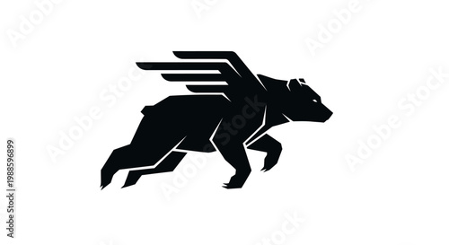 Minimalist black winged bear silhouette icon on white background