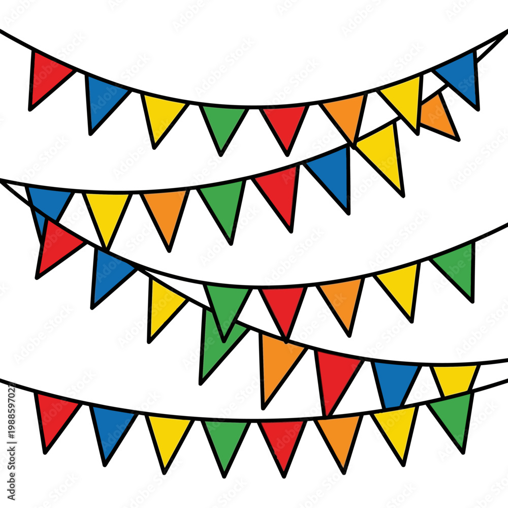 Obraz premium Vibrant triangular flags symbolize celebration on strings outdoors