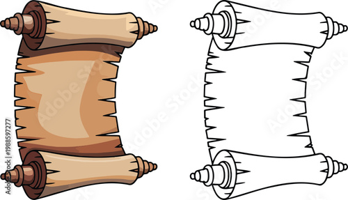 Antique parchment scroll illustration & outline set isolated on transparent background