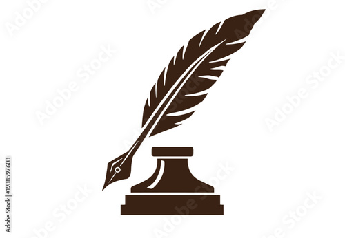 Brown feather quill pen symbolize writing on desk with inkwell