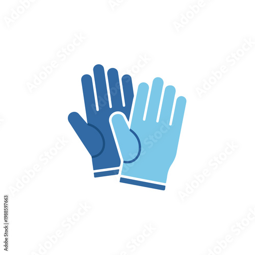 This minimalist vector illustration depicts a pair of protective blue gloves, featuring a clean design with varying shades of light and dark blue.