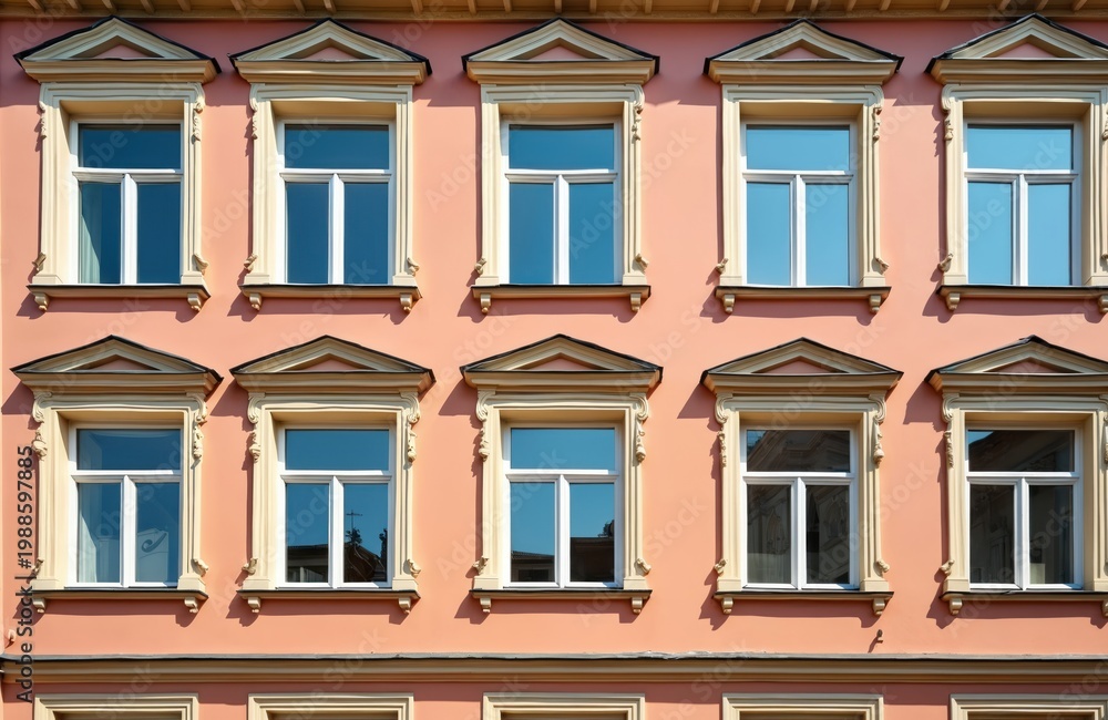 Obraz premium Many old houses feature ornate windows on a pastel peach building exterior. Multiple stories show classic facade design. These European apartments have symmetrical window shapes.
