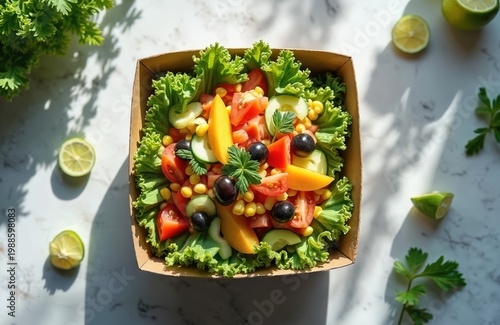 Fresh vegetable salad in disposable craft container. Healthy lunch with tomatoes corn olives cucumber lettuce. Take away meal for eco conscious diet.