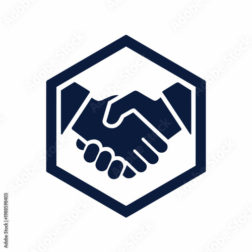 Business handshake agreement occurs within a hexagon symbol
