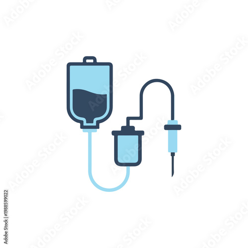 This flat vector icon illustrates a medical IV drip set with an infusion bag, connecting tube, and a delivery needle in blue shades.