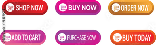 Set of six colorful call to action buttons with shopping cart icons for online shopping and e-commerce websites: shop now, buy now, order now, add to cart, purchase now, buy today.