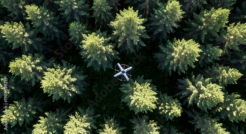 Aerial view of drone flying over dense, green forest canopy