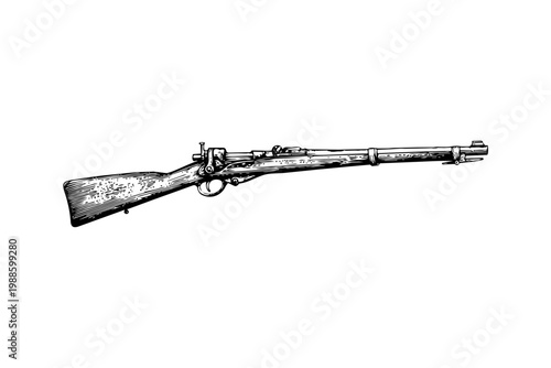 Antique bolt action rifle drawing in detailed monochrome engraving style