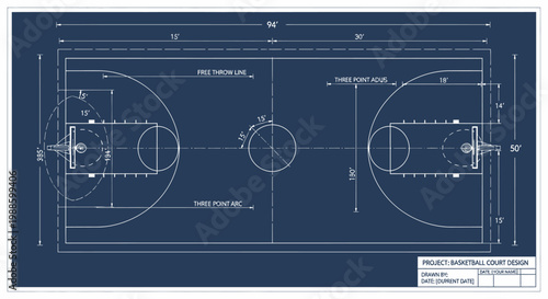 Detailed Basketball Court Blueprint Design, Top View Architectural Plan on Dark Blue Background