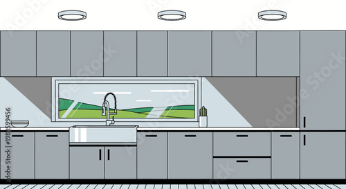 Modern Kitchen Interior Design with Gray Cabinets and Window View, Architectural Rendering in Bright Studio