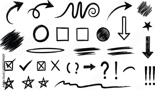 Collection of hand drawn arrows shapes and scribbles in black and white