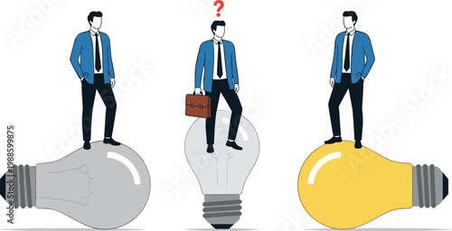 Businessperson Standing on Lightbulbs with a Question Mark for Ideas, Decision-Making, and Innovation Concepts