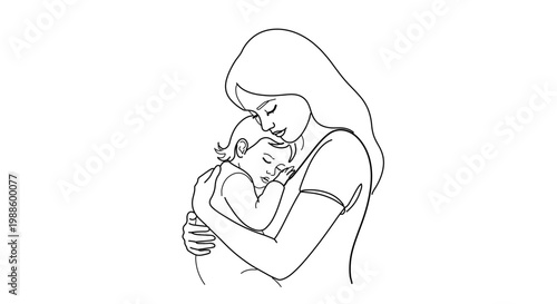 A minimalist line art illustration of a mother tenderly holding her baby
