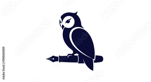 Minimalist dark blue owl logo perched on fountain pen nib