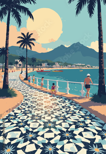Rio de Janeiro poster featuring only patterned, wavy black white mosaic tiles Copacabana promenade Acts as abstract, optical illusion background pattern Vast negative space No text
