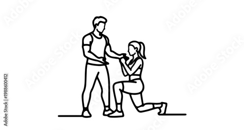 A minimalist line art illustration of a man proposing to a woman