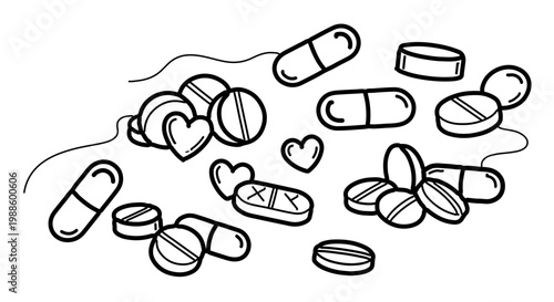 A vector graphic illustration of various pills and capsules in a minimalist line art style