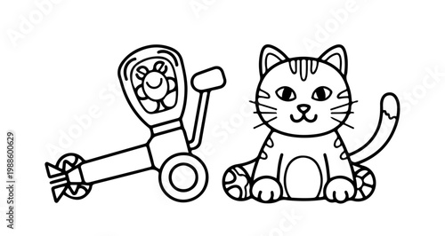 A minimalist vector illustration of a smiling cat sitting next to a toy tricycle with a joyful character inside